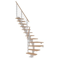 Dolle Mittelholmtreppe Frankfurt 1/4 gewendelt Eiche weiß, geölt 65 cm breit für GH 259 – 301 cm UK Metall Weiß mit Geländer