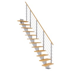 Dolle Mittelholmtreppe Frankfurt Gerade Buche, geölt 65 cm breit für Geschosshöhen 222 – 258 cm UK Metall Perlgrau inkl. einseitigem Designgeländer