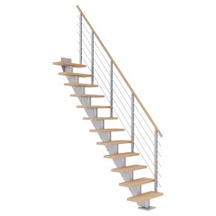 Dolle Mittelholmtreppe Frankfurt Gerade Eiche weiß, geölt 75 cm breit für GH 222 – 258 cm UK Metall Perlgrau mit Geländer