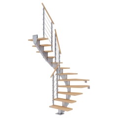 Dolle Mittelholmtreppe Hamburg 1/2 gewendelt Eiche weiß, geölt 75 cm breit für GH 240 – 279 cm UK Metall Perlgrau mit Geländer