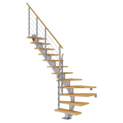 Dolle Mittelholmtreppe Hamburg 1/4 gewendelt Buche, geölt 75 cm breit für GH 240 – 279 cm UK Metall Perlgrau mit Geländer