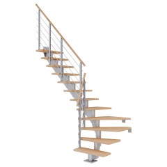 Dolle Mittelholmtreppe Hamburg 1/4 gewendelt Eiche weiß, geölt 75 cm breit für GH 278 – 322 cm UK Metall Perlgrau mit Geländer