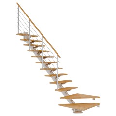 Dolle Mittelholmtreppe Sydney in Buche, geölt 75 cm breit 1/4 gewendelt für Geschosshöhen 259 – 315 cm UK Metall Weiß mit einseitigem Designgeländer