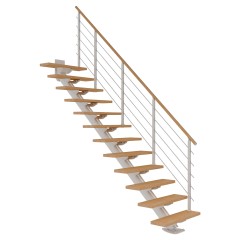 Dolle Mittelholmtreppe Sydney in Eiche weiß, geölt 75 cm breit Gerade für Geschosshöhen 222 – 270 cm UK Metall Weiß mit einseitigem Designgeländer