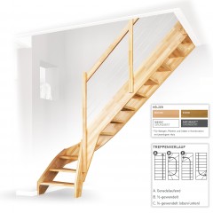 Dolle Raumspartreppe Faro 1/2-gewendelt 243-299cm GH 55-75cm breit Buche unbehandelt Stabgeländer aus Holz rund 20 mm