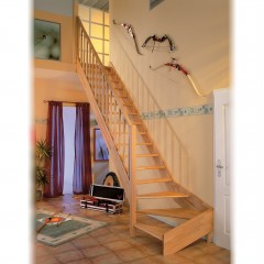 Dolle Raumspartreppe Paris ohne Setzstufen Buche unbehandelt Treppenlauf ¼ gewendelt unten links Rechteckstäbe