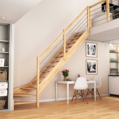 Dolle Raumspartreppe Paris ohne Setzstufen Buche versiegelt Treppenlauf ¼ gewendelt unten rechts Edelstahlrohre