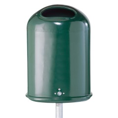 Schake Abfallbehälter oval montiert mit Standpfosten Ø60x1300mm 27l Volumen beschichtet in RAL 6005