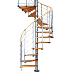 Dolle Spindeltreppe Oslo Ø160cm mit 294-322cm Geschosshöhe 13 Stufen Buche lackiert Geländer grau, mitlaufende Edelstahlstäbe