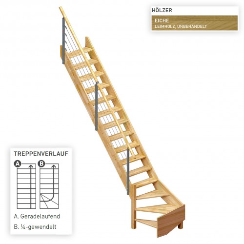 Dolle Raumspartreppe Brest bis 320cm Geschosshöhe in Eiche inklusive Geländer