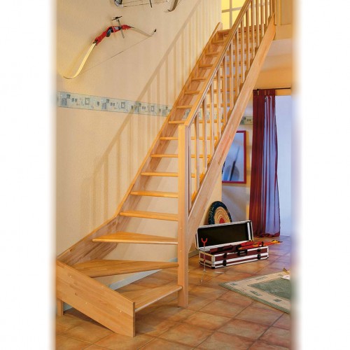 Dolle Raumspartreppe Paris ohne Setzstufen Buche versiegelt Treppenlauf ¼ gewendelt unten rechts ohne Geländer