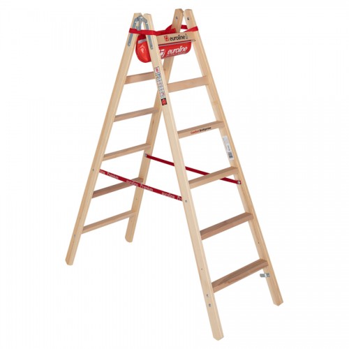 Euroline Holz Sprossenstehleiter mit Comfort-Breitsprossen, Eimerhaken und Werkzeugablagetasche 2x6 Sprossen