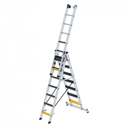 MUNK Stufen- Mehrzweckleiter mit Wandlaufrollen, clipstep R13 und Nivello® Traverse 3x7 Stufen