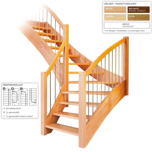 Dolle Geschosstreppe Orly 1/4-gewendelt 270-300cm GH mit Edelstahlgeländer Ahorn versiegelt