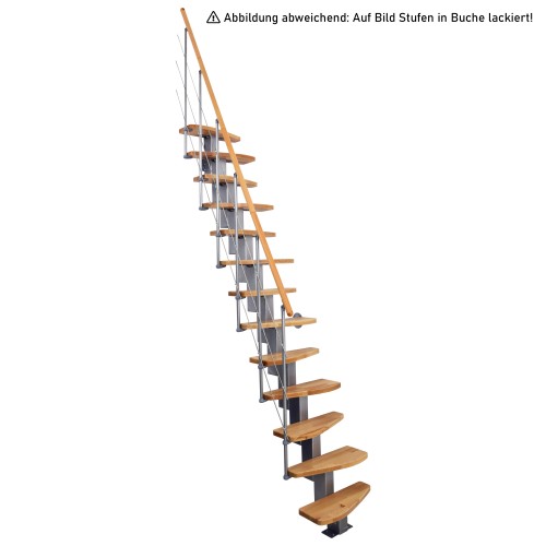 Minka Mittelholmtreppe Quatro Geradelaufend in Buche auf Walnuss gebeizt, UK grau mit 345cm Geschosshöhe