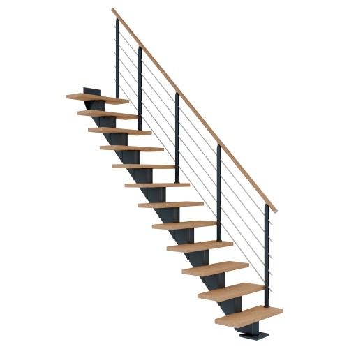 Dolle Mittelholmtreppe Hamburg Gerade Eiche weiß, geölt 75 cm breit für GH 278 – 322 cm UK Metall Anthrazit mit Geländer