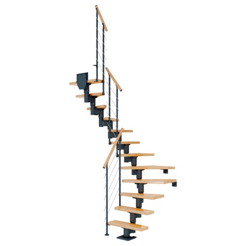 Dolle Mittelholmtreppe Dublin 1/2 gewendelt aus Buche lackiert 75 cm breit für GH 222–270 cm UK Metall Anthrazit mitlaufende Edelstahlstäbe