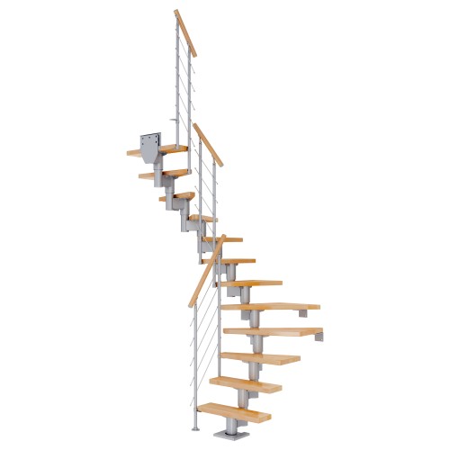 Dolle Mittelholmtreppe Dublin 1/2 gewendelt aus Buche lackiert 65 cm breit für GH 259–315 cm UK Metall Perlgrau mitlaufende Edelstahlstäbe