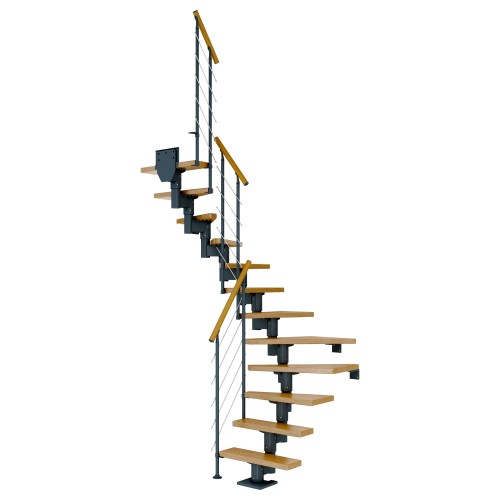 Dolle Mittelholmtreppe Dublin 1/2 gewendelt aus Eiche lackiert 61 cm breit für GH 222–270 cm UK Metall Anthrazit mitlaufende Edelstahlstäbe