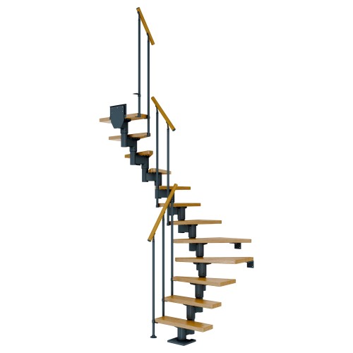 Dolle Mittelholmtreppe Dublin 1/2 gewendelt aus Eiche lackiert 75 cm breit für GH 240–292 cm UK Metall Anthrazit mit Einzelstabgeländer