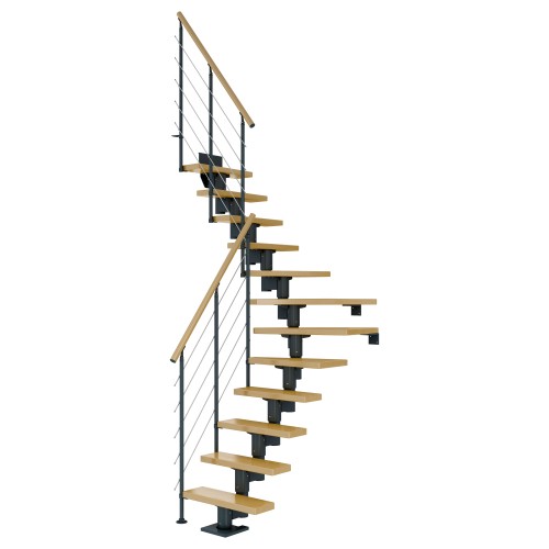 Dolle Mittelholmtreppe Dublin 1/4 gewendelt aus Buche lackiert 71 cm breit für GH 222–270 cm UK Metall Perlgrau mitlaufende Edelstahlstäbe