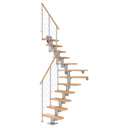 Dolle Mittelholmtreppe Dublin 1/4 gewendelt aus Buche lackiert 65 cm breit für GH 240–292 cm UK Metall Perlgrau mitlaufende Edelstahlstäbe