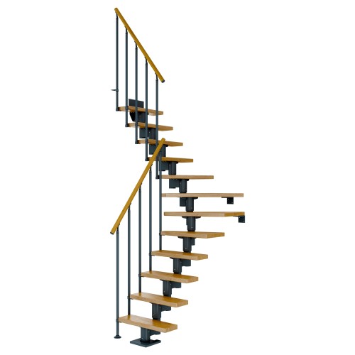 Dolle Mittelholmtreppe Dublin 1/4 gewendelt aus Eiche lackiert 75 cm breit für GH 259–315 cm UK Metall Anthrazit mit Einzelstabgeländer