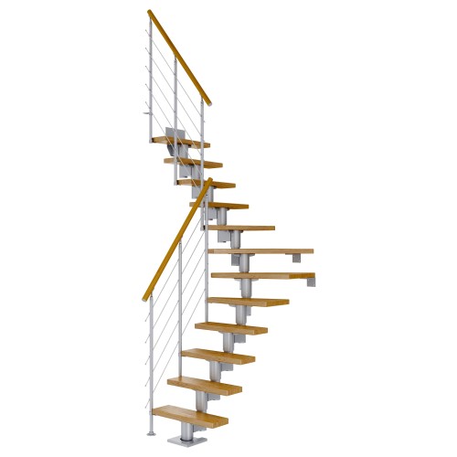 Dolle Mittelholmtreppe Dublin 1/4 gewendelt aus Eiche lackiert 61 cm breit für GH 259–315 cm UK Metall Perlgrau mitlaufende Edelstahlstäbe