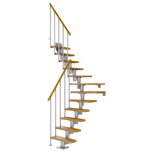 Dolle Mittelholmtreppe Dublin 1/4 gewendelt aus Eiche lackiert 71 cm breit für GH 222–270 cm UK Metall Perlgrau mit Einzelstabgeländer
