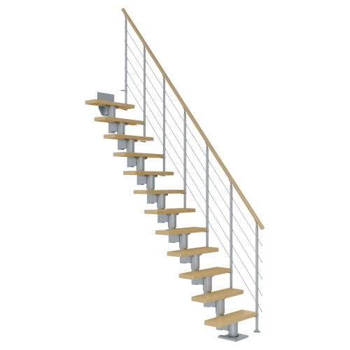 Dolle Mittelholmtreppe Dublin Gerade aus Ahorn lackiert 61 cm breit für GH 259–315 cm UK Metall Perlgrau mitlaufende Edelstahlstäbe