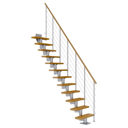 Dolle Mittelholmtreppe Dublin Gerade aus Eiche lackiert 65 cm breit für GH 278–337 cm UK Metall Perlgrau mitlaufende Edelstahlstäbe