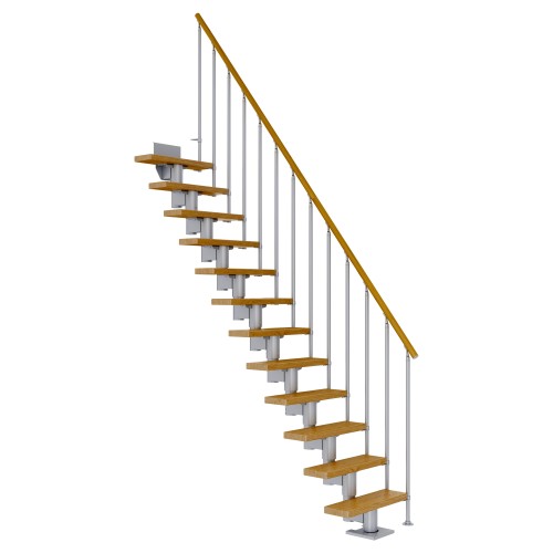 Dolle Mittelholmtreppe Dublin Gerade aus Eiche lackiert 71 cm breit für GH 222–270 cm UK Metall Perlgrau mit Einzelstabgeländer