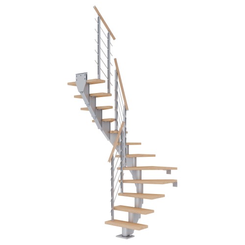 Dolle Mittelholmtreppe Frankfurt 1/2 gewendelt Eiche weiß, geölt 65 cm breit für GH 222 – 258 cm UK Metall Perlgrau mit Geländer