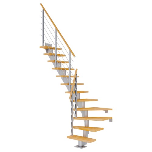 Dolle Mittelholmtreppe Frankfurt 1/4 gewendelt Buche, geölt 65 cm breit für GH 222 – 258 cm UK Metall Perlgrau mit Geländer