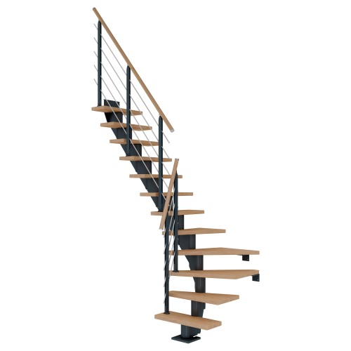 Dolle Mittelholmtreppe Frankfurt 1/4 gewendelt Eiche weiß, geölt 65 cm breit für GH 240 – 279 cm UK Metall Anthrazit mit Geländer