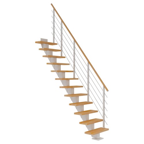 Dolle Mittelholmtreppe Frankfurt Gerade Buche, geölt 75 cm breit für Geschosshöhen 240 – 279 cm UK Metall Weiß inkl. einseitigem Designgeländer