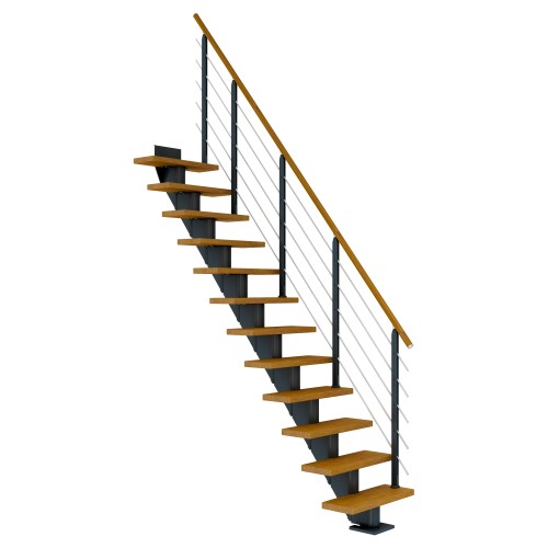 Dolle Mittelholmtreppe Frankfurt Gerade Eiche, geölt 65 cm breit für Geschosshöhen 222 – 258 cm UK Metall Anthrazit inkl. einseitigem Designgeländer