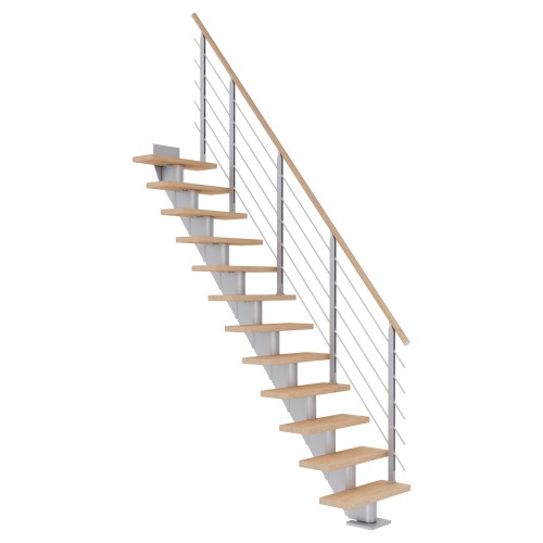 Dolle Mittelholmtreppe Frankfurt Gerade Eiche weiß, geölt 75 cm breit für GH 222 – 258 cm UK Metall Perlgrau mit Geländer