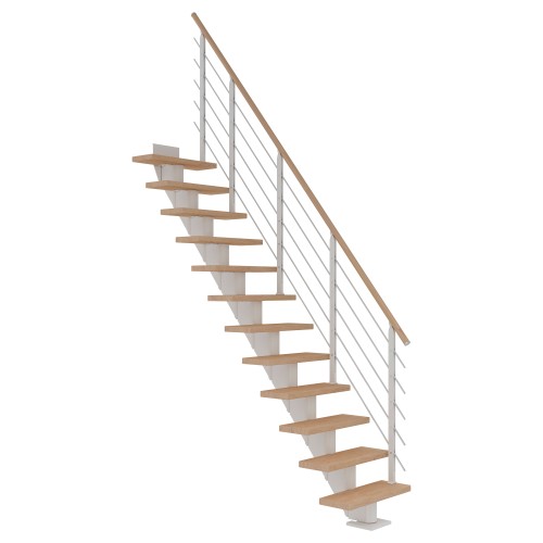 Dolle Mittelholmtreppe Frankfurt Gerade Eiche weiß, geölt 65 cm breit für Geschosshöhen 259 – 301 cm UK Metall Weiß inkl. einseitigem Designgeländer