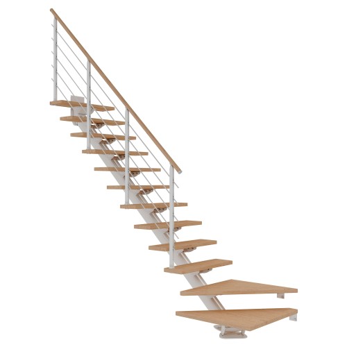 Dolle Mittelholmtreppe Sydney in Eiche weiß, geölt 75 cm breit 1/4 gewendelt für Geschosshöhen 222 – 270 cm UK Metall Weiß mit einseitigem Designgeländer