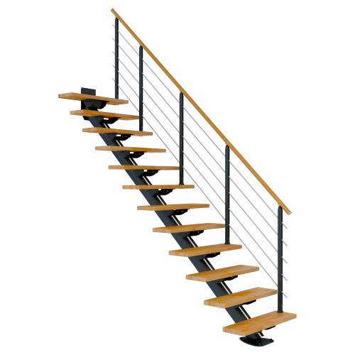 Dolle Mittelholmtreppe Sydney in Buche, geölt 75 cm breit Gerade für Geschosshöhen 222 – 270 cm UK Metall Anthrazit mit einseitigem Designgeländer