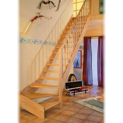 Dolle Raumspartreppe Paris ohne Setzstufen Buche versiegelt Treppenlauf ¼ gewendelt unten rechts Rechteckstäbe