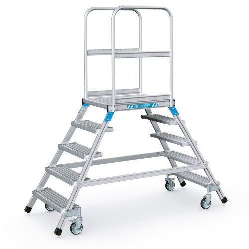 Zarges Podestleiter fahrbar mit 2x5 Stahl-Gitterrost-Stufen