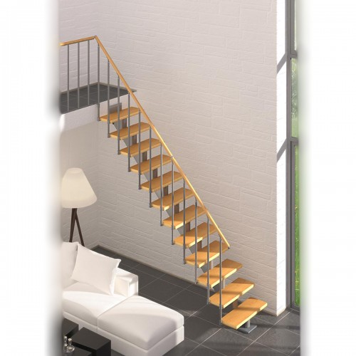 Dolle Mittelholmtreppe Hamburg ¼-gewendelt mit Einzelstabgeländer Eichestufen 75cm und Unterkonstruktion weiß 259-301cm Geschosshöhe