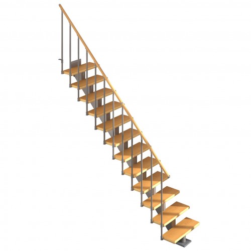 Dolle Mittelholmtreppe Hamburg ½-gewendelt mit Einzelstabgeländer Birkestufen 75cm und Unterkonstruktion grau 222-258cm Geschosshöhe