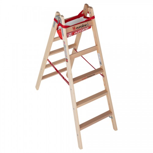 Euroline Holz Sprossenstehleiter mit Comfort-Breitsprossen, Eimerhaken und Werkzeugablagetasche 2x5 Sprossen