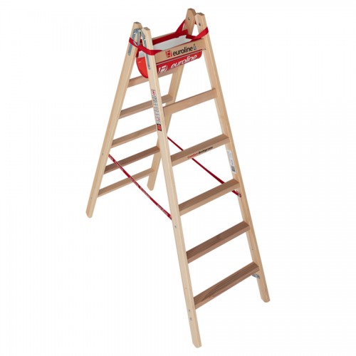 Euroline Holz Sprossenstehleiter mit Comfort-Breitsprossen, Eimerhaken und Werkzeugablagetasche 2x6 Sprossen