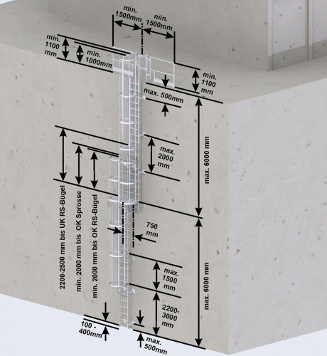 MUNK ortsfeste Steigleitern Aluminium eloxiert, 15,96m SH PG2