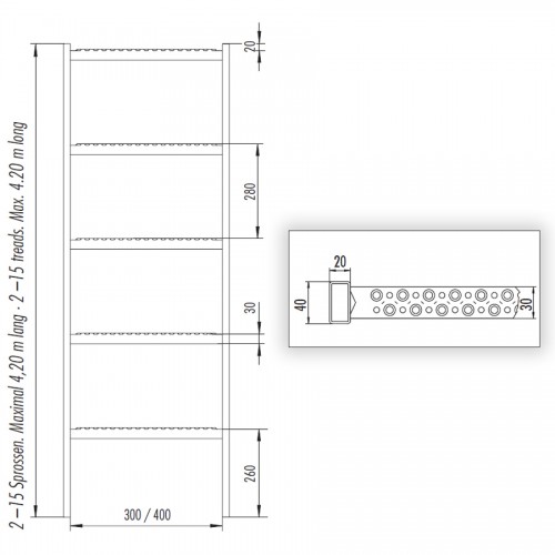 Hailo Schachtleiter 400mm lichte Weite Edelstahl 1.4571 / ASTM 316ti mit 9 Sprossen 2,52m