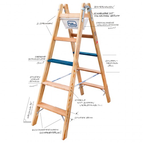 Iller Holz Stufenstehleiter ERGO Plus inkl. Werkzeugtasche und Eimerhaken 2x7 Stufen 3,30m AH